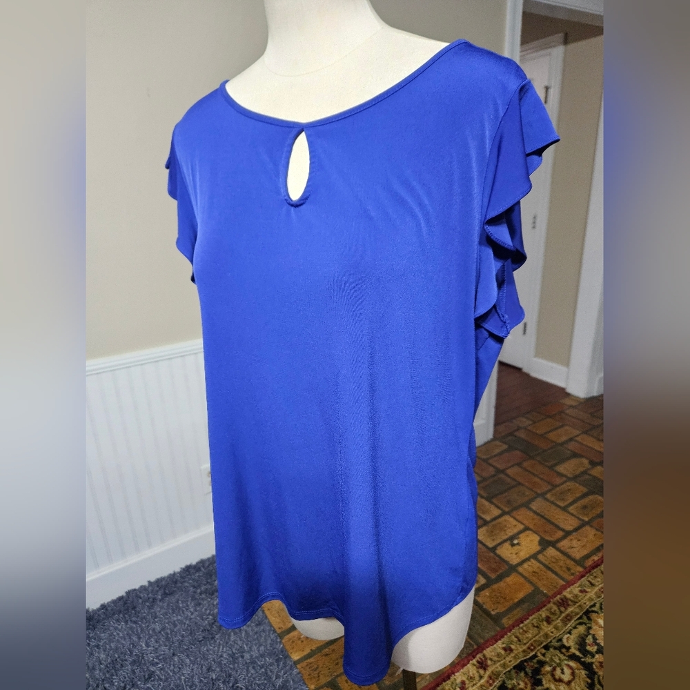 Worthington Royal Blue Ruffle Sleeve Keyhole Top